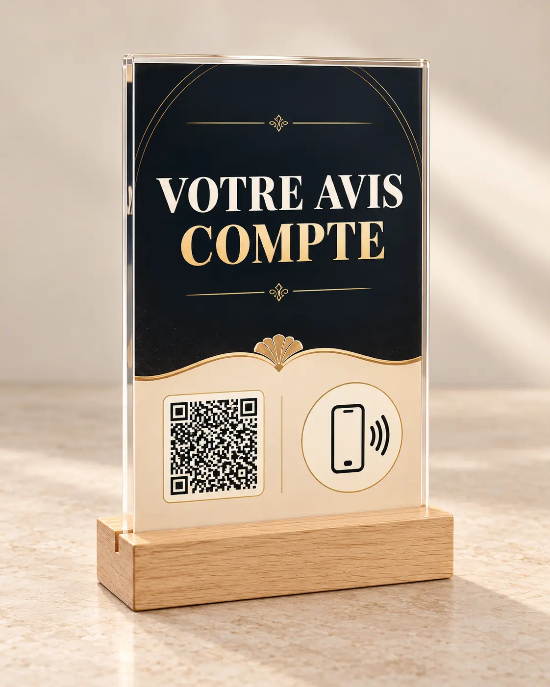 Présentoir personnalisé premium avec socle en bois